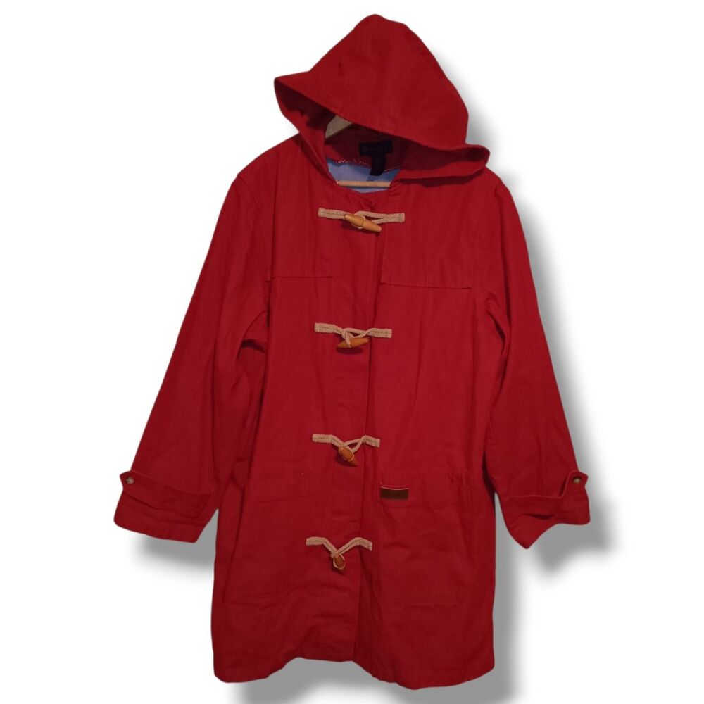 Vtg Denim&Co Red Duffle Coat-Size 1X-Removable Fleece Liner-Hooded-Toggles